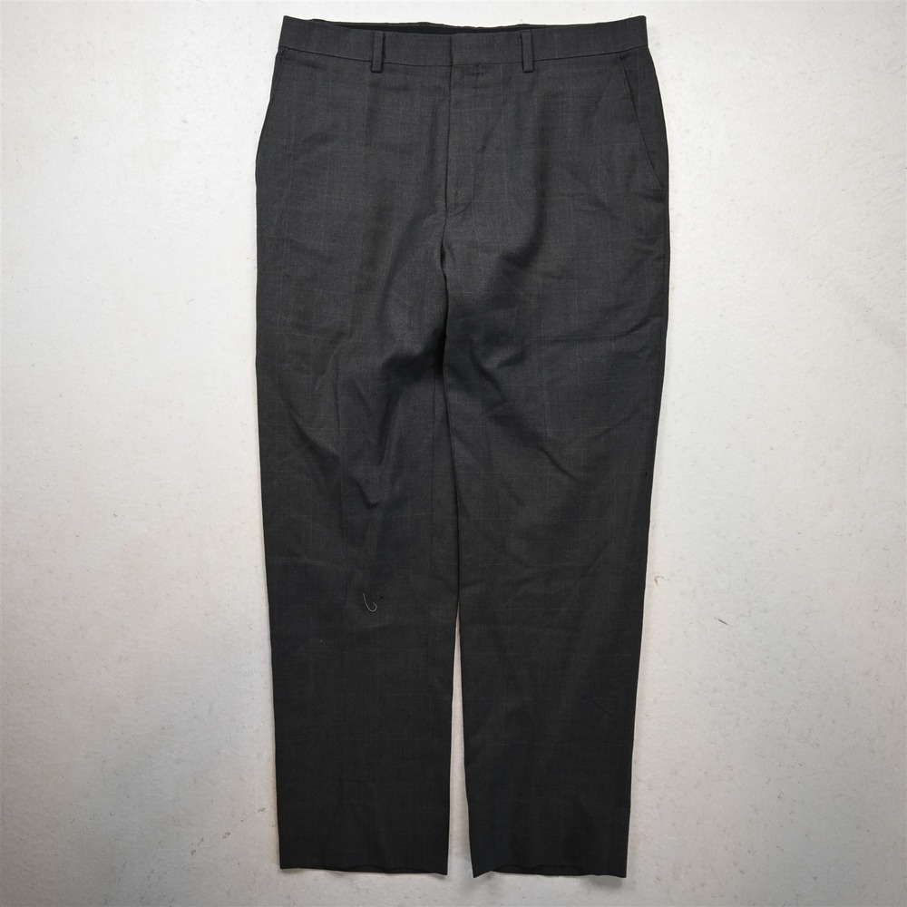 Bespoke 32x30 Gray Windowpane Wool Flat Front Straight Dress Mens Pants